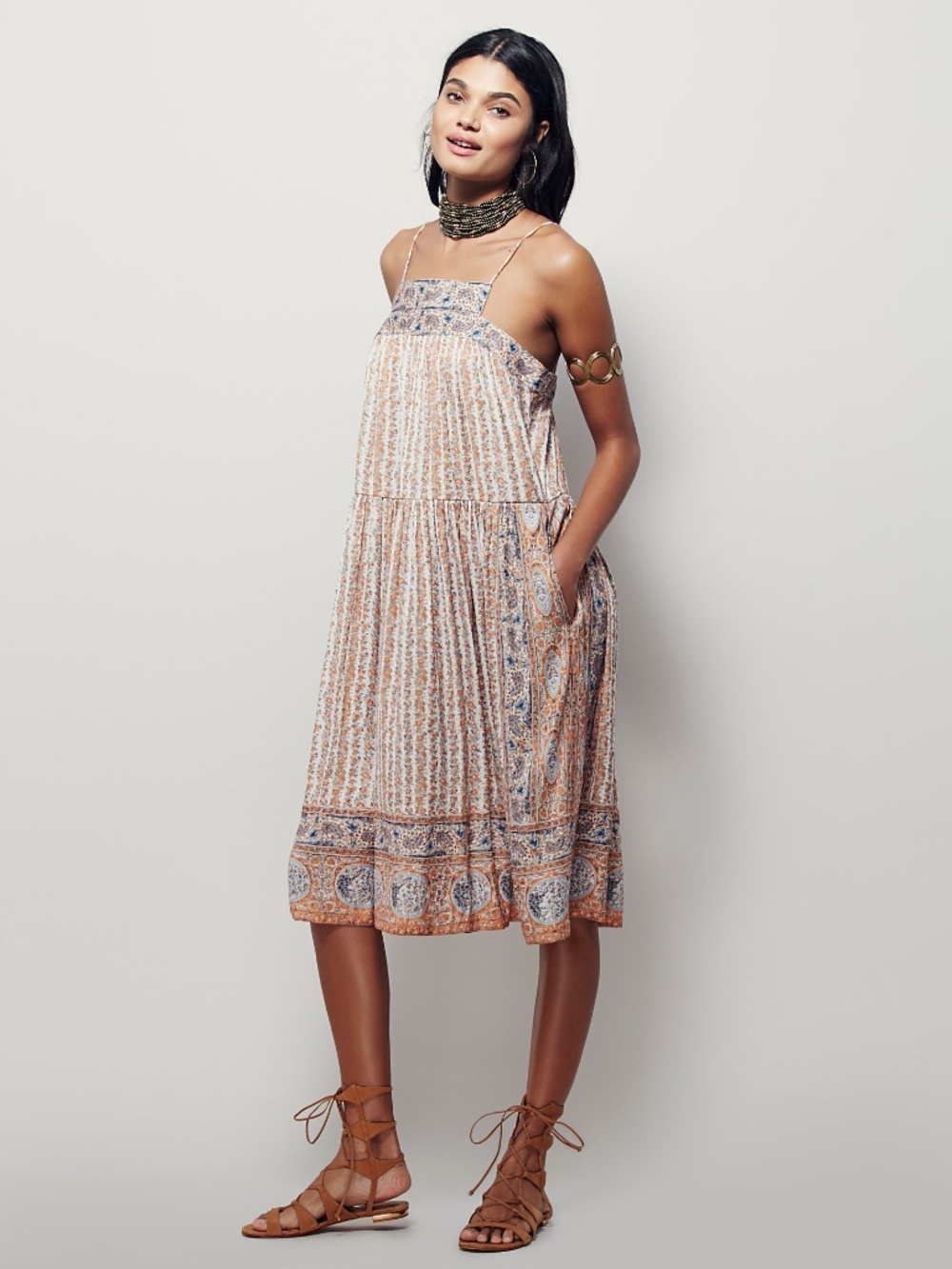 Bohemian Printed Midi Dress in Peach